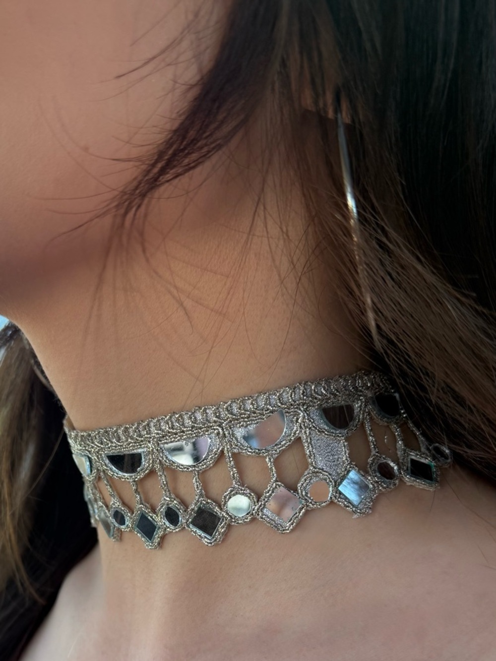 Silver Mirror Tile Choker Necklace - Women Jewelry